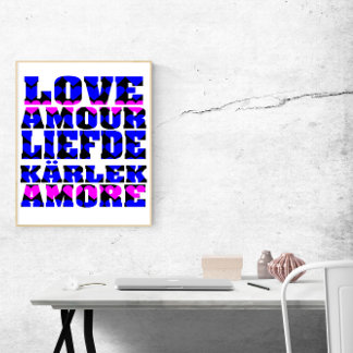 Affiche L'amour dans de nombreuses langues Coeurs roses bl