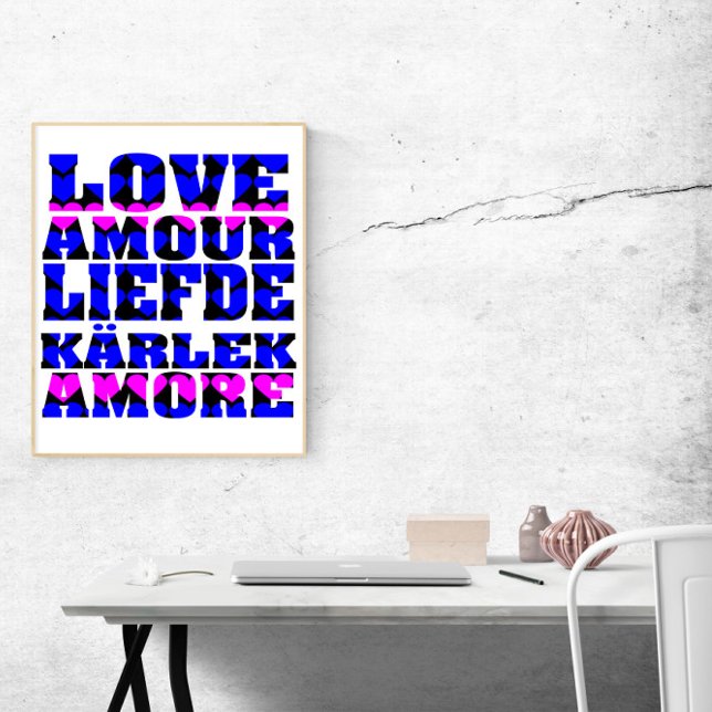 Affiche L'amour dans de nombreuses langues Coeurs roses bl (A poster that says love in foreign languages with blue and pink hearts.)