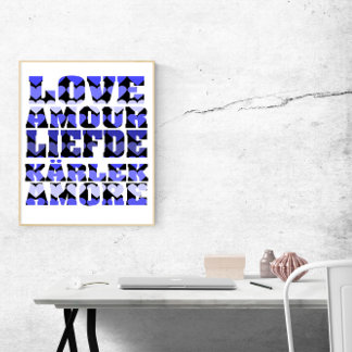 Affiche L'amour dans plusieurs langues Coeurs bleus