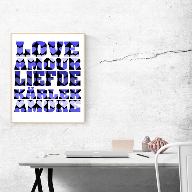 Affiche L'amour dans plusieurs langues Coeurs bleus (A poster that says love in English, French, Dutch, Swedish and Italian with blue hearts)
