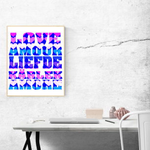 Affiche L'amour dans plusieurs langues Rose violet bleu