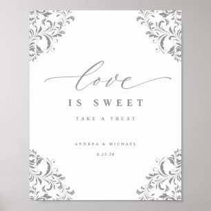 Affiche L'amour est doux Élégant Argent Flourish Mariage S