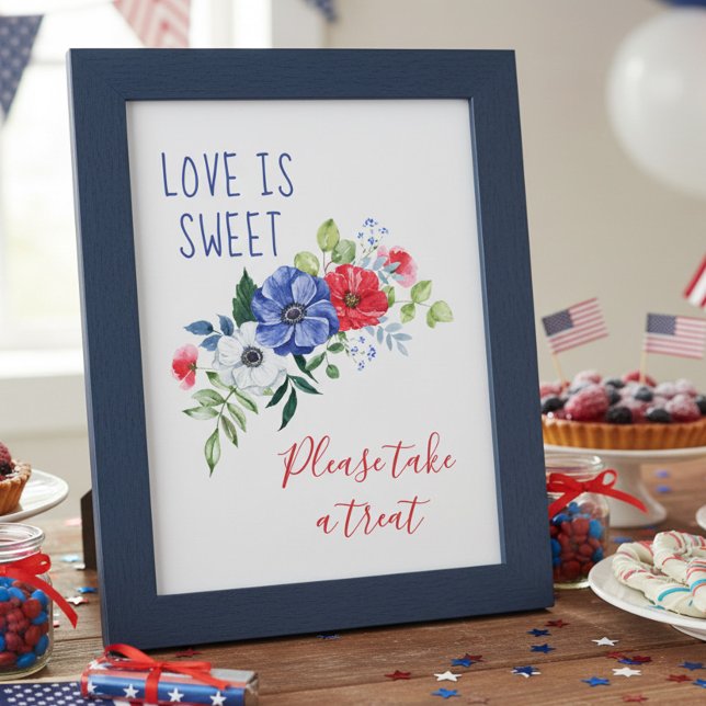 Affiche L'amour est doux panneau de table floral rouge bla (Red White & Blue Floral Wedding Shower Treat Table Sign by Darling & May. Printed or Digital.)