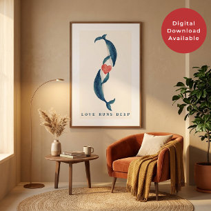 Affiche L'amour est profond Deux baleines et cœur de la Sa