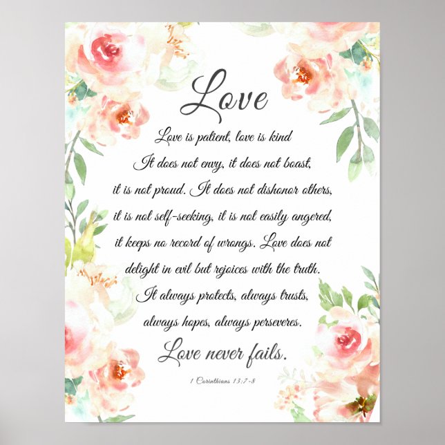Affiche L'amour n'échoue jamais Bible Verse Blush Floral M (Devant)