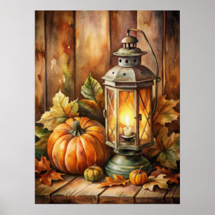 Affiche Lampe et citrouilles d'automne