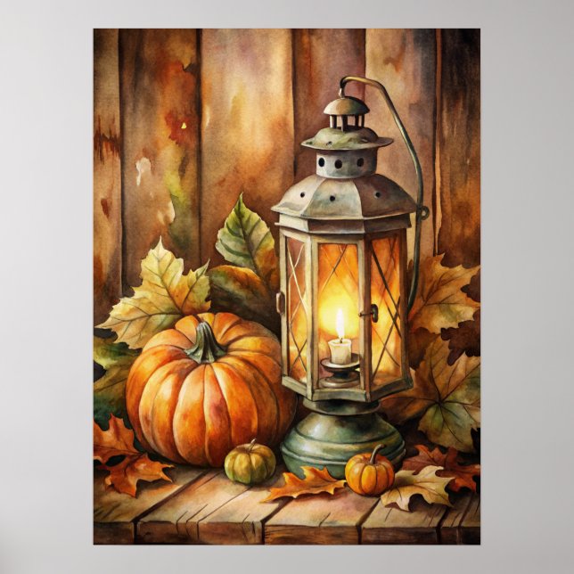 Affiche Lampe et citrouilles d'automne (Devant)