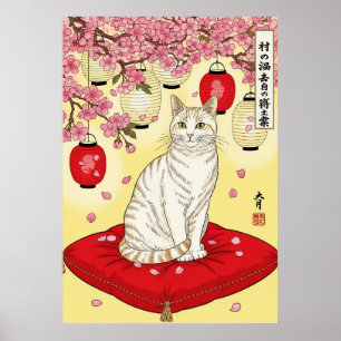 Affiche Lampions rouges en forme de chat Sakura japonais