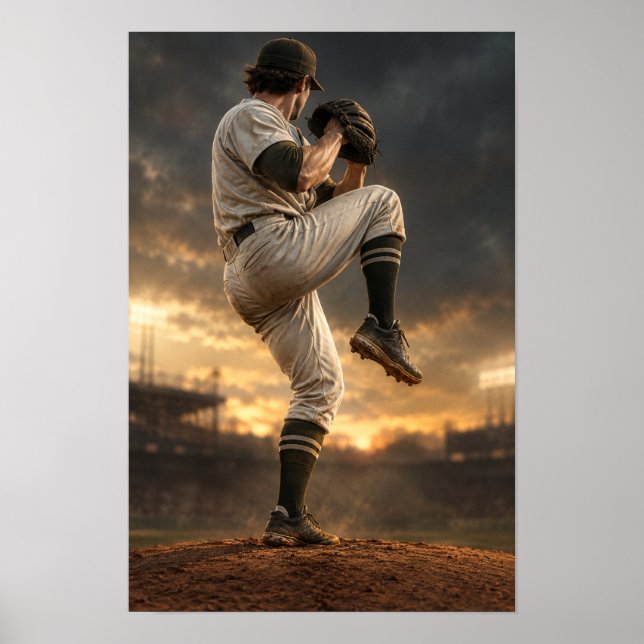 Affiche Lanceur de baseball en préparation au coucher du s (Devant)