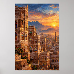 Affiche L'ancienne Sana'a à l'aube - Architecture du patri