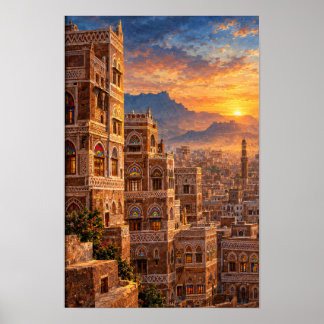 Affiche L'ancienne Sana'a à l'aube - Architecture du patri