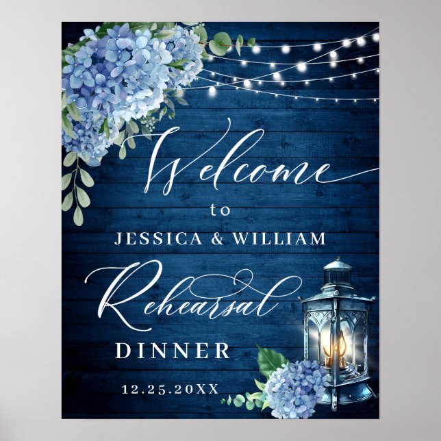 Affiche Lanterne en bois Hydrangea bleue Bohème pour dîner (Devant)