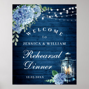Affiche Lanterne Hydrangea Bleue Bois Bohème Dîner de Répé