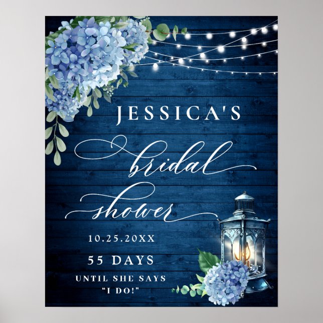 Affiche Lanterne Hydrangea Bleue Bois Bridal Shower Bohème (Devant)