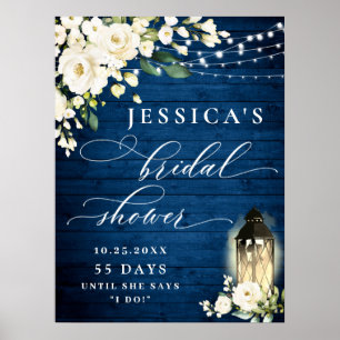 Affiche Lanterne Roses Blanches Bois Bleu Baby Shower