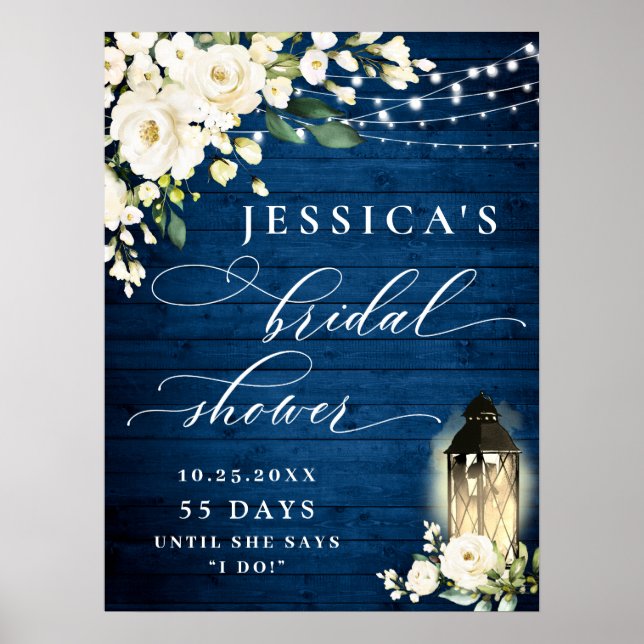 Affiche Lanterne Roses Blanches Bois Bleu Baby Shower (Devant)