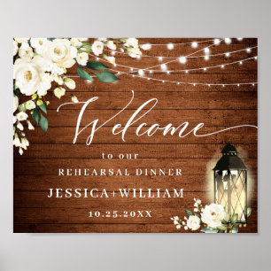 Affiche Lanterne Roses Blanches Bois Rustique Dîner de Rép