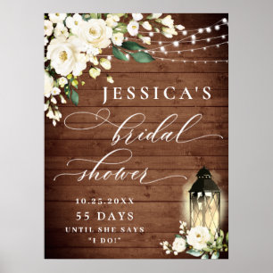 Affiche Lanterne Roses Blanches Bois Rustique Mariage