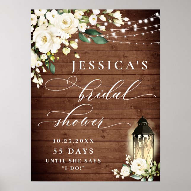 Affiche Lanterne Roses Blanches Bois Rustique Mariage (Devant)