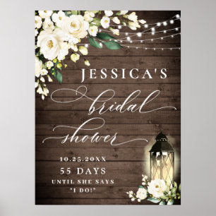 Affiche Lanterne Roses Blanches Bois Rustique Mariage