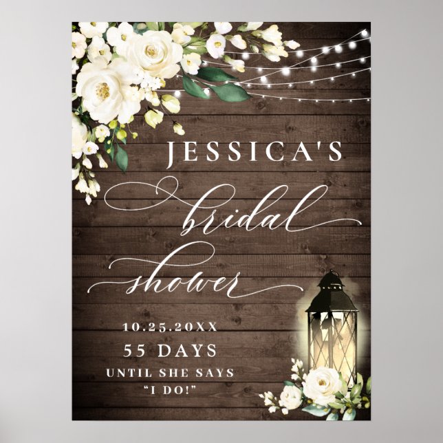 Affiche Lanterne Roses Blanches Bois Rustique Mariage (Devant)