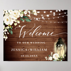 Affiche Lanterne Roses Blanches Rustique Bois Bienvenue Ma