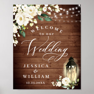Affiche Lanterne Roses Blanches Rustique Bois Bienvenue Ma