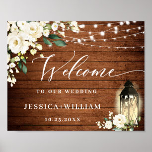 Affiche Lanterne Roses Blanches Rustique Bois Bienvenue Ma