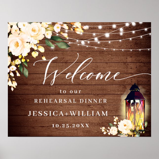 Affiche Lanterne Roses Rouges Bois Rustique DÎNER DE RÉPÉT (Devant)