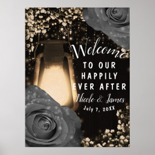 Affiche Lanterne Rustique Glow Fleurs Roses Grises Mariage