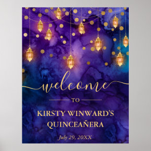 Affiche Lanterne Violet et Bleu Lumineux Quinceanera