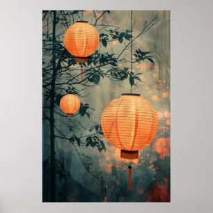 Affiche Lanternes japonaises la nuit – Art à l'aquarelle c