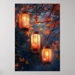 Affiche Lanternes Japonaises la Nuit – Art à l'Aquarelle C