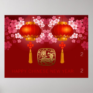 Affiche Lanternes Joyeux Tigre Chinois Nouvelle coutume An