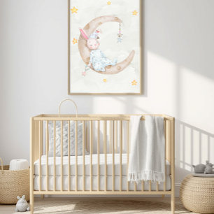 Affiche Lapin à l'aquarelle dormant sur une lune - Art pou