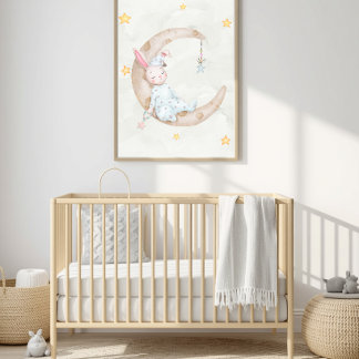 Affiche Lapin à l'aquarelle dormant sur une lune - Art pou