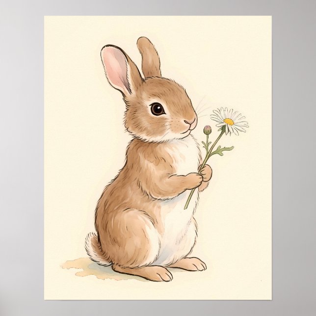 Affiche Lapin à l'aquarelle douce tenant une fleur de marg (Devant)