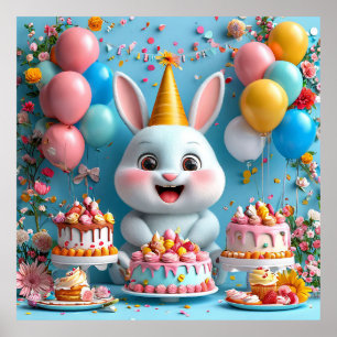 Affiche Lapin adorable célébrant son anniversaire