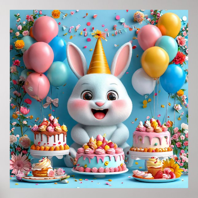 Affiche Lapin adorable célébrant son anniversaire (Devant)