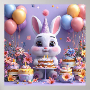 Affiche Lapin Adorable Célébrant un Anniversaire