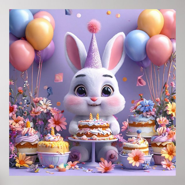 Affiche Lapin Adorable Célébrant un Anniversaire (Devant)