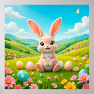 Affiche Lapin adorable dans les fleurs de prairie printani