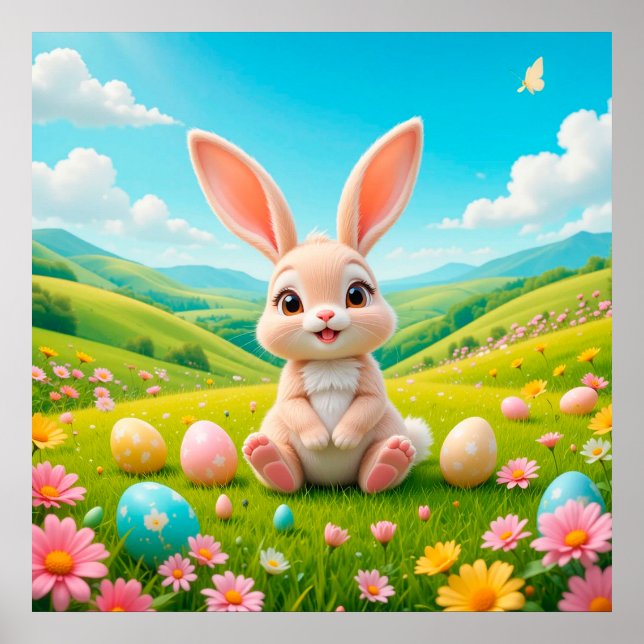 Affiche Lapin adorable dans les fleurs de prairie printani (Devant)