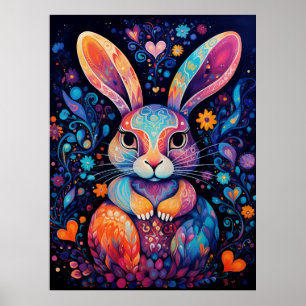 Affiche Lapin assis fleurs cœurs
