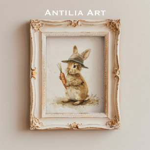 Affiche Lapin avec peinture de carotte Pâques rustique Lap