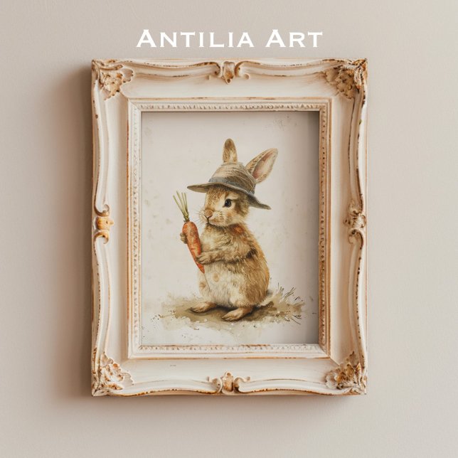 Affiche Lapin avec peinture de carotte Pâques rustique Lap (Créateur téléchargé)