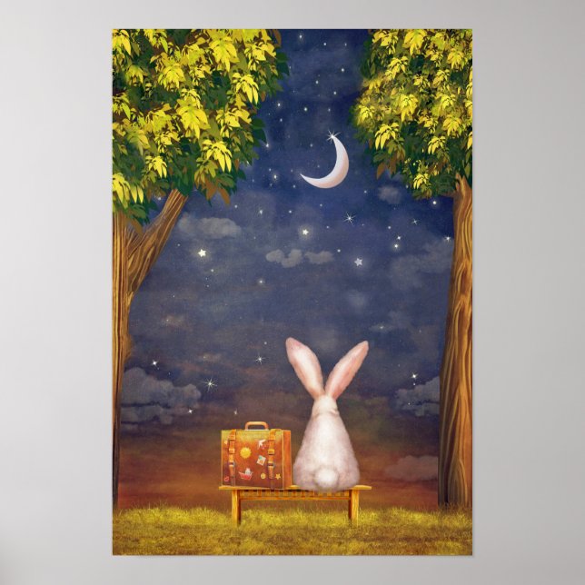 Affiche Lapin avec une valise regardant vers le ciel noctu (Devant)