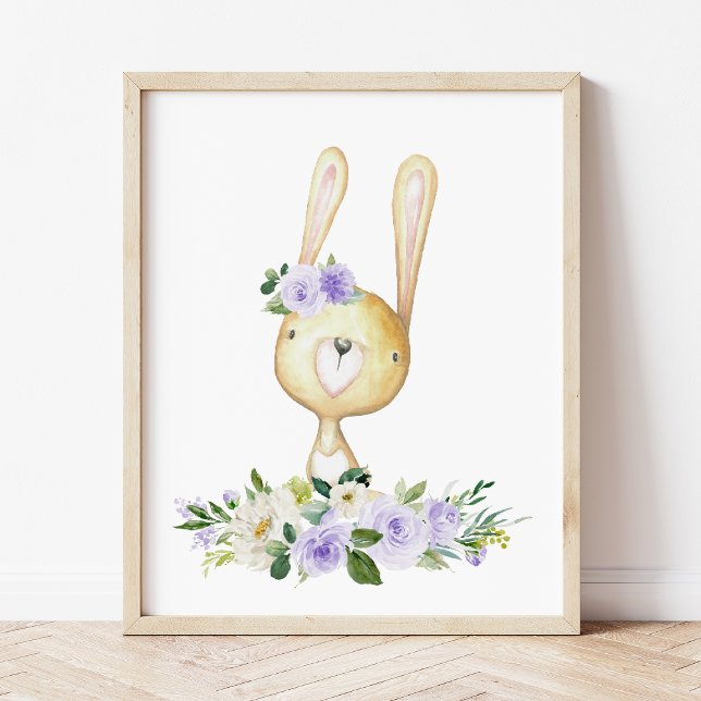 Affiche Lapin Bébé, Animaux De Bois, Boho, Fleurs Violette (Créateur téléchargé)