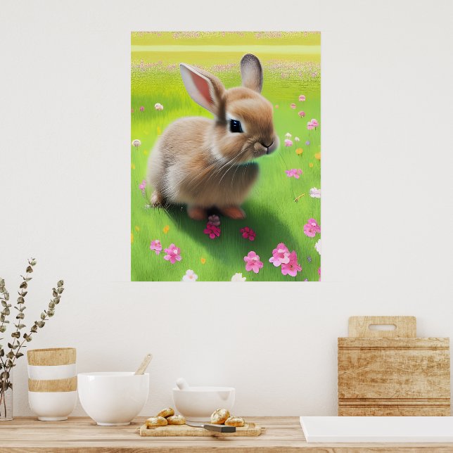 Affiche Lapin bébé mignon dans une prairie fleurie  (Cuisine)