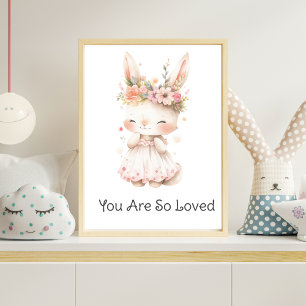 Affiche Lapin Bébé Robe Rose Fleurs Nursery Fille
